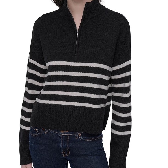 Dkny Sweaters - DKNY Womens Striped Quarter Zip Sweater Black‎ White Knit Pullover Small